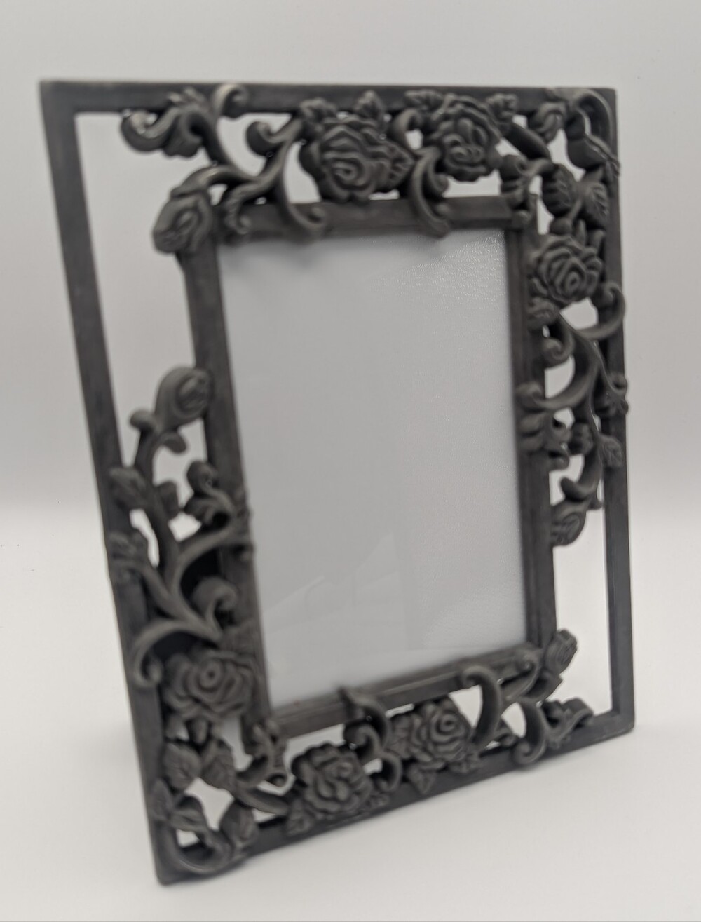 Victorian Ornate Cast Metal Rose Picture Frame 3.5 x5 Heavy Pewter Silver vtg